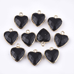 Glass Pendants, with Cadmium Free & Nickel Free & Lead Free Iron Findings, Faceted, Heart, Golden, Black, 16~17x14~15x6~7mm, Hole: 1.8mm(G-T112-03K)