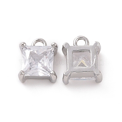 Brass Pendants with Clear Glass, Square Charms, Platinum, 9.5x8x4.5mm, Hole: 1.5mm(KK-E068-VF217)