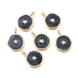 Brass Enamel Pendants, Flat Round with Star Pattern, Golden, Black, 18x14x2.5mm, Hole: 3.5x2mm(KK-K248-02A-G)