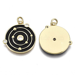 Brass Micro Pave Cubic Zirconia Pendants, with Enamel and Jump Ring, Nickel Free, Flat Round with Vortex, Real 16K Gold Plated, Black, 22x21x2mm, Jump Ring: 5x1mm, 3mm inner diameter(ZIRC-N039-056B-NF)