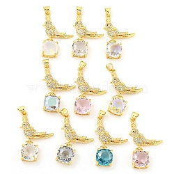 Rack Plating Brass Micro Pave Clear Cubic Zirconia Pendants, with Glass, Long-Lasting Plated, Cadmium Free & Lead Free, Real 18K Gold Plated, Bird Charms, Mixed Color, 32x20x6mm, Hole: 4x3.5mm(ZIRC-L100-153G)