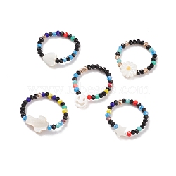 Shell & Glass Beaded Stretch Finger Ring for Women, Mixed Patterns, US Size 7 3/4(17.9mm)(RJEW-JR00481)