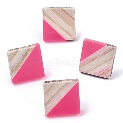 Transparent Resin & Wood Stud Earrings, with 304 Stainless Steel Pin, Rhombus, Hot Pink, 17x18mm, Pin: 0.7mm(EJEW-N017-005A-A04)