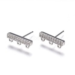 Brass Stud Earring Findings, with Loop, Micro Pave Cubic Zirconia, Rectangle, Clear, Platinum, 5x15x2.4mm, Hole: 0.8mm, Pin: 0.7mm(KK-I648-16P)