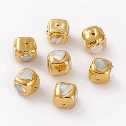 Natural Freshwater Shell Beads, with Golden Brass Findings, Dyed, Cuboid with Heart, 16~17.5x17~18x16.5~17.5mm, Hole: 1.2mm(BSHE-C001-03G)