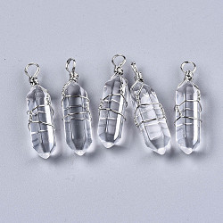 Transparent Glass Pendants, with Platinum Tone Iron Wire Wrapped, Bullet, Clear, 41~43x11~12x10~11mm, Hole: 3~4mm(GLAA-S130-35)