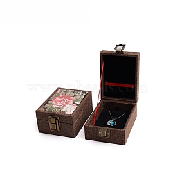 Flower Print Linen Jewelry Storage Box, Jewelry Display Case, for Pendants Storage, Sienna, 12x9x5.7cm(PW-WG82343-05)