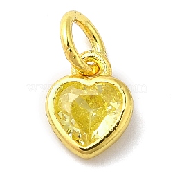 925 Sterling Silver Birthstone Charms, with Single Cubic Zirconia, Heart, Golden, with Jump Ring, Yellow, 6x5x2mm, Hole: 2.5mm(STER-M0120-02C-G)