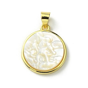 Rack Plating Brass Pave Natural Shell Pendants, Flat Round Charms, Long-Lasting Plated, Real 18K Gold Plated, Cadmium Free & Lead Free, 19.5x17x4mm, Hole: 5x3mm