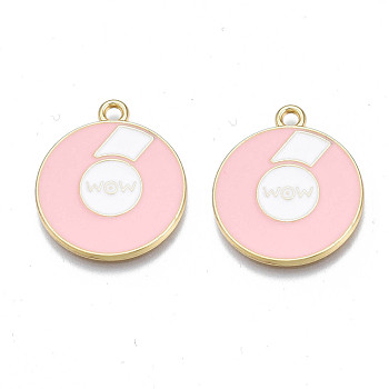Alloy Enamel Pendants, Cadmium Free & Nickel Free & Lead Free, Light Gold, Flat Round with Word WOW, Pink, 23x20x1.5mm, Hole: 2mm