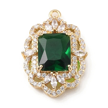 Brass with K9 Glass & Rhinestone Pendants, Light Gold, Oval Charms, Emerald, 24x16x6mm, Hole: 1.5mm