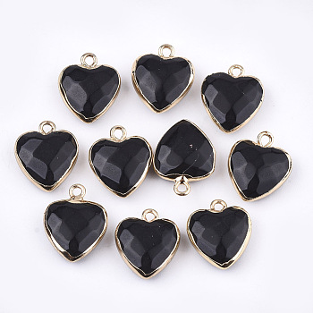 Glass Pendants, with Cadmium Free & Nickel Free & Lead Free Iron Findings, Faceted, Heart, Golden, Black, 16~17x14~15x6~7mm, Hole: 1.8mm