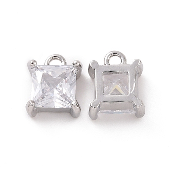Brass Pendants with Clear Glass, Square Charms, Platinum, 9.5x8x4.5mm, Hole: 1.5mm