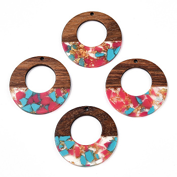 Transparent Resin & Walnut Wood Pendants, with Gold Foil, Donut Charms, Camellia, 38x3mm, Hole: 2mm