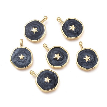Brass Enamel Pendants, Flat Round with Star Pattern, Golden, Black, 18x14x2.5mm, Hole: 3.5x2mm