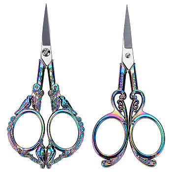 2Pcs 2 Style Stainless Steel Embroidery Scissors, Retro Snips, for Needlework, Cross-stitch, Embroidery, Sewing, Quilting Craft, Rainbow Color, 11~11.85x4.8~5.3x0.5cm, 1pc/style