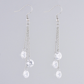 304 Stainless Steel Dangle Earrings, Cable Chains, with Cubic Zirconia Charms, White, 73mm, Pin: 0.6mm