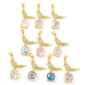 Rack Plating Brass Micro Pave Clear Cubic Zirconia Pendants, with Glass, Long-Lasting Plated, Cadmium Free & Lead Free, Real 18K Gold Plated, Bird Charms, Mixed Color, 32x20x6mm, Hole: 4x3.5mm