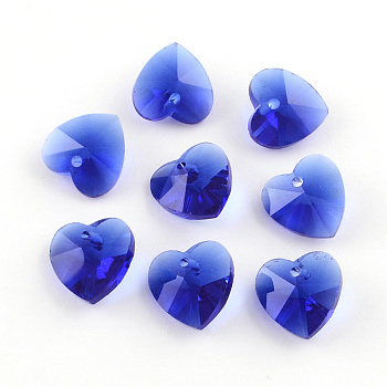 Transparent Glass Heart Pendants, Faceted, Blue, 14x14x8mm, Hole: 1.5mm