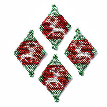 MIYUKI & TOHO Japanese Seed Beads, Handmade Links, Rhombus with Christmas Reindeer/Stag Loom Pattern, Dark Red, 40.5x26x2mm, Hole: 1.5mm