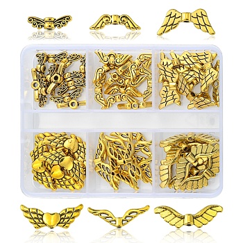 60Pcs 6 Style Tibetan Style Alloy Beads, Wing & Fairy Wing, Antique Golden, 4~23x5~14x2~4mm, Hole: 1~2mm