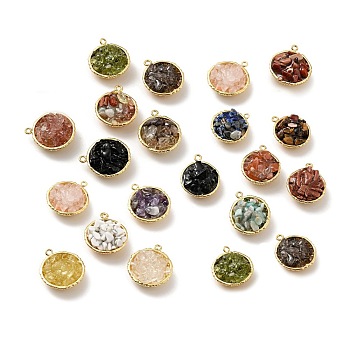 Natural & Synthetic Gemstone Chip Pendants, with Rack Plating Real 18K Gold Plated Brass Findings, Round, Cadmium Free & Nickel Free & Lead Free, Mixed Dyed and Undyed, 24x20x10~13mm, Hole: 1.8mm