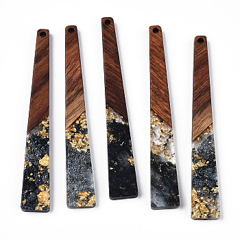 Transparent Resin & Walnut Wood Big Pendants, with Gold Foil, Trapezoid Charms, Black, 69.5x10x3.5mm, Hole: 2mm
