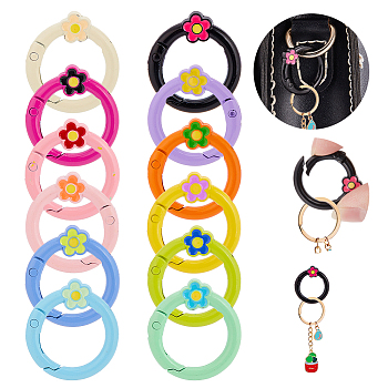WADORN 12Pcs 12 Colors Spray Painted Alloy Spring Gate Rings, Round Ring with Flower, Mixed Color, 27x4~5mm, 1pc/color