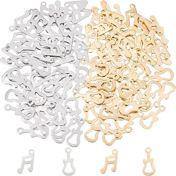 120Pcs 4 Style 201 Stainless Steel Charms, Laser Cut, Hollow, Mixed Musical Instruments Shape, Golden & Stainless Steel Color, 13~13.5x6.5~7.5x0.5mm, Hole: 1.4~1.5mm, 30pcs/style