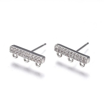 Brass Stud Earring Findings, with Loop, Micro Pave Cubic Zirconia, Rectangle, Clear, Platinum, 5x15x2.4mm, Hole: 0.8mm, Pin: 0.7mm