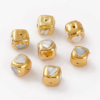 Natural Freshwater Shell Beads, with Golden Brass Findings, Dyed, Cuboid with Heart, 16~17.5x17~18x16.5~17.5mm, Hole: 1.2mm