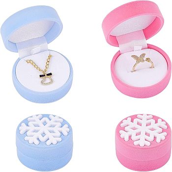 CHGCRAFT 4Pcs 2 Colors Velvet Jewelry Packing Boxes, Flat Round with Snowflake Pattern, Mixed Color, 5.4x3.25cm, 2pcs/color