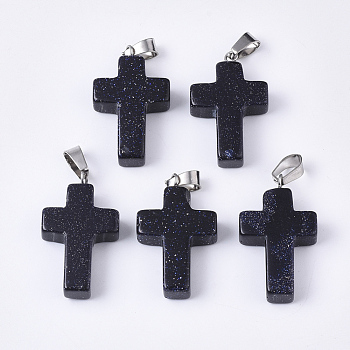 Synthetic Blue Goldstone Pendants, with Stainless Steel Peg Bails, Cross, Stainless Steel Color, 28~30x18x6mm, Hole: 7x3.5mm