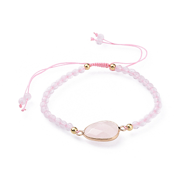Adjustable Natural Rose Quartz Braided Bead Bracelets, with Brass Findings, Faceted, 2-1/8 inch(5.4cm)