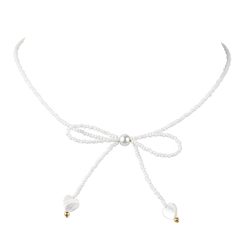 Glass Seed Pendant Necklaces for Women, Bowknot, White, 15.94 inch(40.5cm)