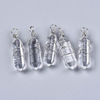 Transparent Glass Pendants, with Platinum Tone Iron Wire Wrapped, Bullet, Clear, 41~43x11~12x10~11mm, Hole: 3~4mm
