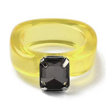 Resin Finger Rings, with Plastic Rhinestone, Rectangle, Platinum, Yellow, US Size 6, Inner Diameter: 17mm