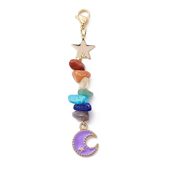 Moon Alloy Enamel Pendant Decorations, with Chakra Gemstone Chips & Brass Star Link and 304 Stainless Steel Lobster Claw Clasps, Dark Orchid, 78mm