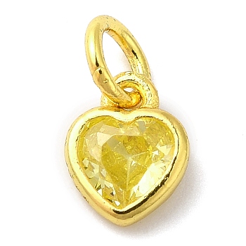 925 Sterling Silver Birthstone Charms, with Single Cubic Zirconia, Heart, Golden, with Jump Ring, Yellow, 6x5x2mm, Hole: 2.5mm