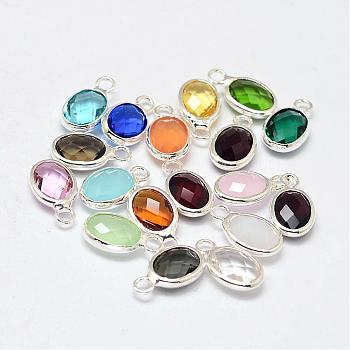 Oval Faceted Silver Color Plated Brass Glass Charms, Mixed Color, 12x7x3.5mm, Hole: 1mm