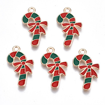 Alloy Enamel Pendants, Christmas, Cadmium Free & Lead Free, Candy Cane, Light Gold, Red & Green, 23x12x1.5mm, Hole: 1.8mm