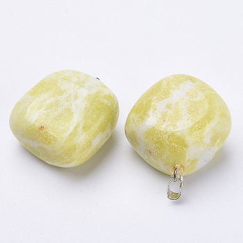 Natural Yellow Mustard Jasper Pendants, with Platinum Tone Alloy Finding, Cube, 24~27x20~24x14~16mm, Hole: 5x2.5mm
