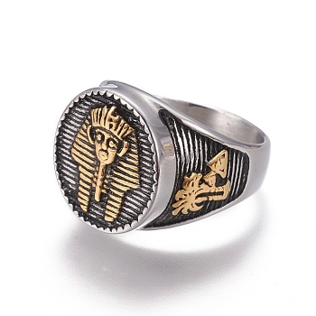 304 Stainless Steel Finger Rings, with Enamel, Egyptian Pharaoh, Golden & Stainless Steel Color, Size 8~13, 18~23mm