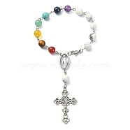Natural Howlite & Mixed Gemstone Rosary Bead Bracelet, Alloy Cross & Virgin Mary Charm Bracelet for Women, 7-1/4 inch(18.5cm)(BJEW-TA00329-01)