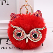 Pom Pom Ball Keychain, with KC Gold Tone Plated Alloy Lobster Claw Clasps, Iron Key Ring and Chain, Owl, Red, 12cm(KEYC-PW0002-033F)