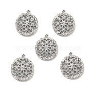 Alloy Rhinestone Pendants, Platinum Tone Hollow Out Flat Round with Flower Charms, Crystal, 22.5x19.5x5mm, Hole: 2mm(ALRI-C007-19P)