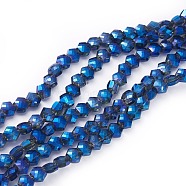 Electroplate Glass Beads Strands, Full Rainbow Plated, Faceted, Hexagon, Blue, 5x6x4mm, Hole: 1.2mm, about 99pcs/strand, 19.2 inch(49cm)(EGLA-F143-FR02)