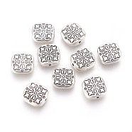 Tibetan Style Alloy Beads, Cadmium Free & Nickel Free & Lead Free, Square with Flower, Antique Silver, 10.5x10.5x3.5mm, Hole: 1.5mm(LF10885Y-NF)