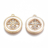 Brass Micro Pave Clear Cubic Zirconia Pendants, with Natural Shell, Nickel Free, Flat Round with Star, Real 18K Gold Plated, 16x14x3mm, Hole: 1mm(KK-S356-319-NF)