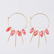 316L Surgical Stainless Steel Hoop Earring, with teardrop, Glass Beads, Round Glass Seed Beads and Brass Bar Links, Golden, Red, 64mm, Pin: 0.7mm(EJEW-JE03678-02)